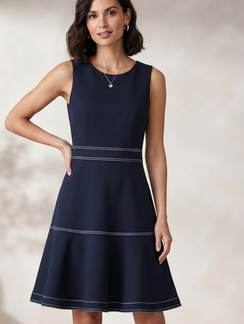 Ann Taylor Navy Sleeveless Fit-and-Flare Dress with Contrast Stitching